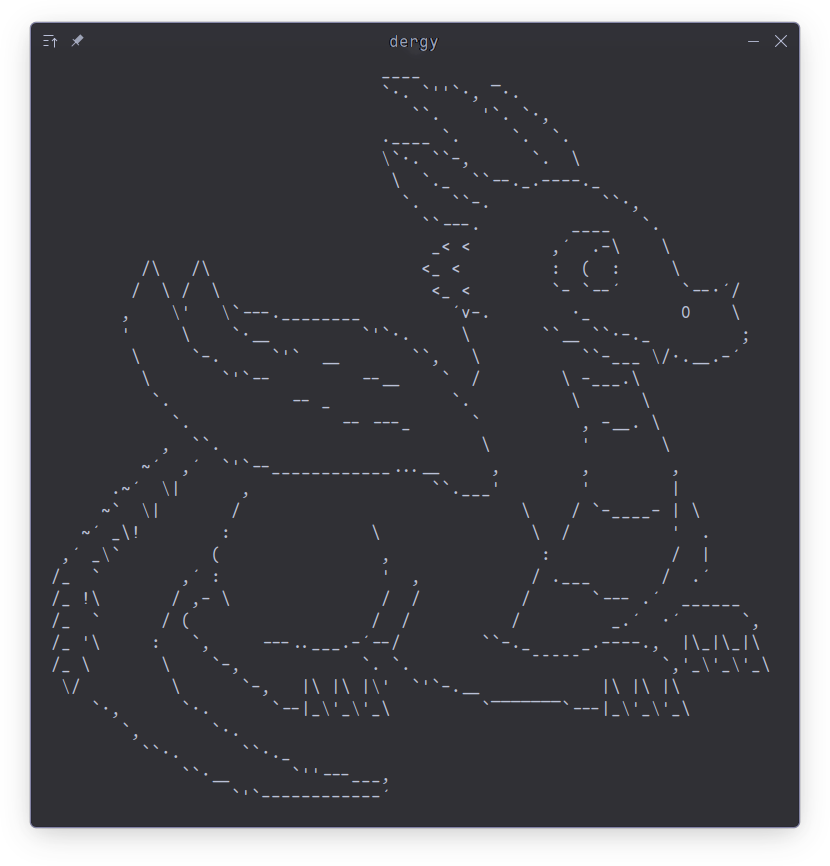 a terminal window titled "dergy" it is showing a text art 'line' drawing of a chibi dragon loafing