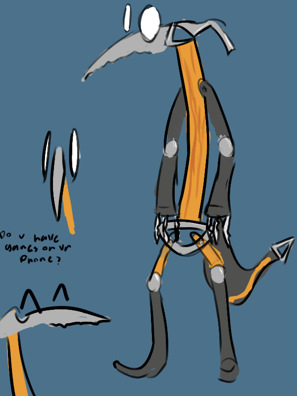 an anthropomorphic ice pick with white floating eyes,,ball joints,,.and little stilt legs,,.one pov shot shows them "smiling" and another is a front facing pov with the text: "do u have games on ur phone?"