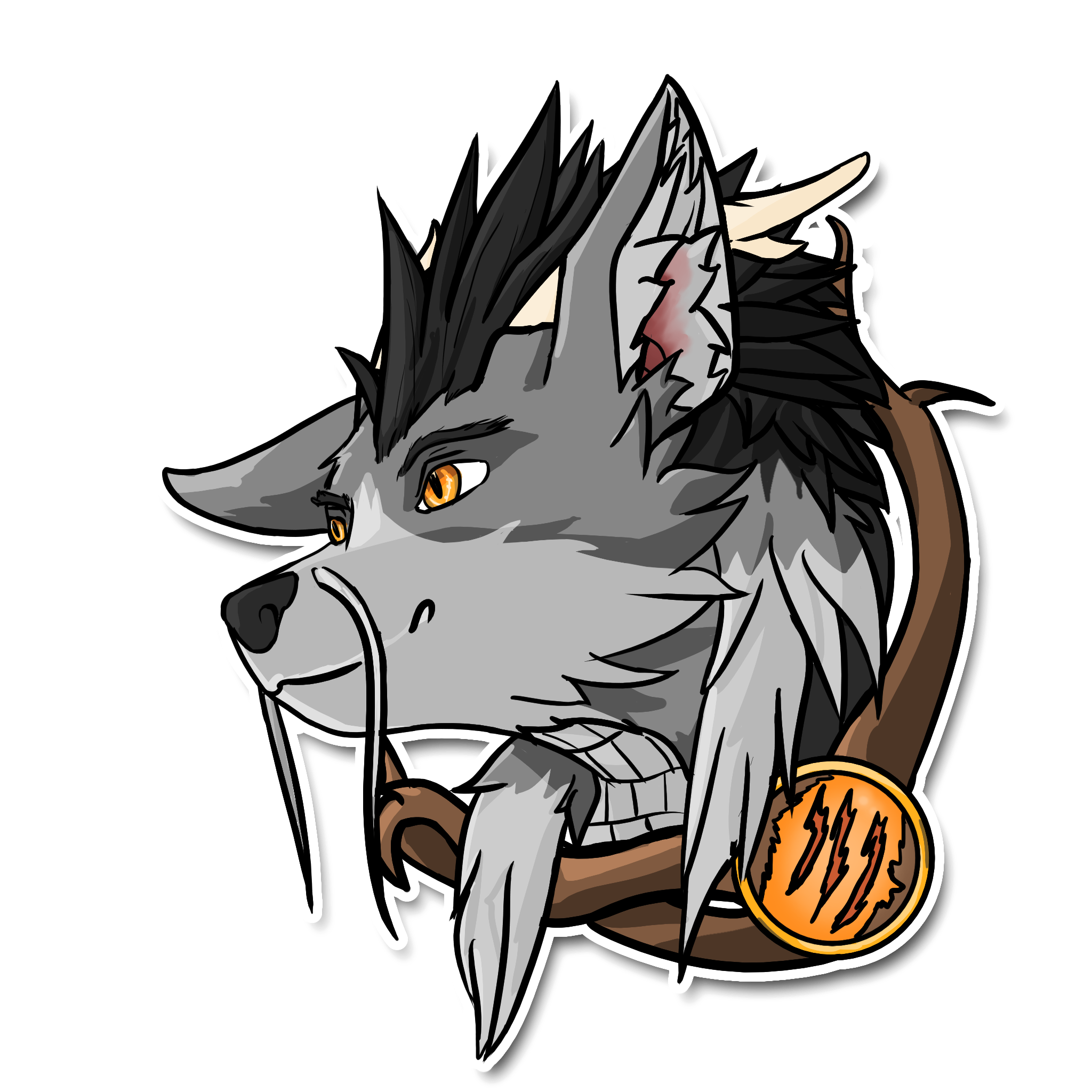 Head portrait of a gray wolf with a black mane, horns and long fish-like whiskers