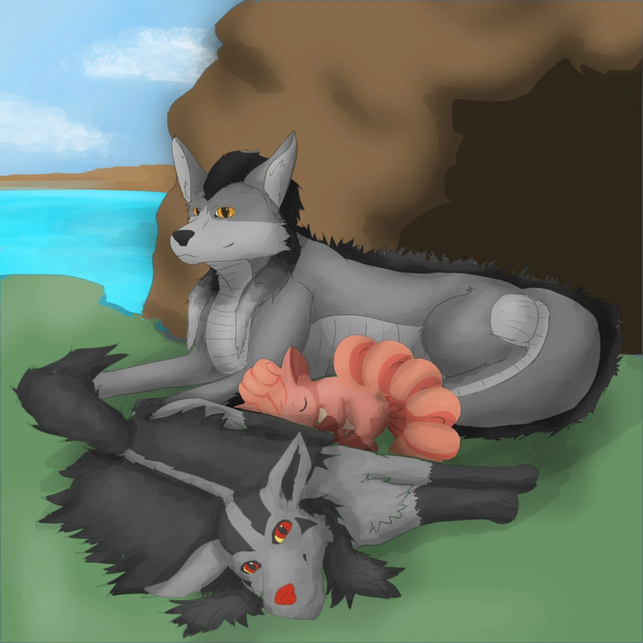 A wolf dragon hybrid, a Mightyena and a Vulpix laying down in the grass. A cave can be seen in the background, as well as a distant lake.
The quality of the background is noticeably poorer than the characters.